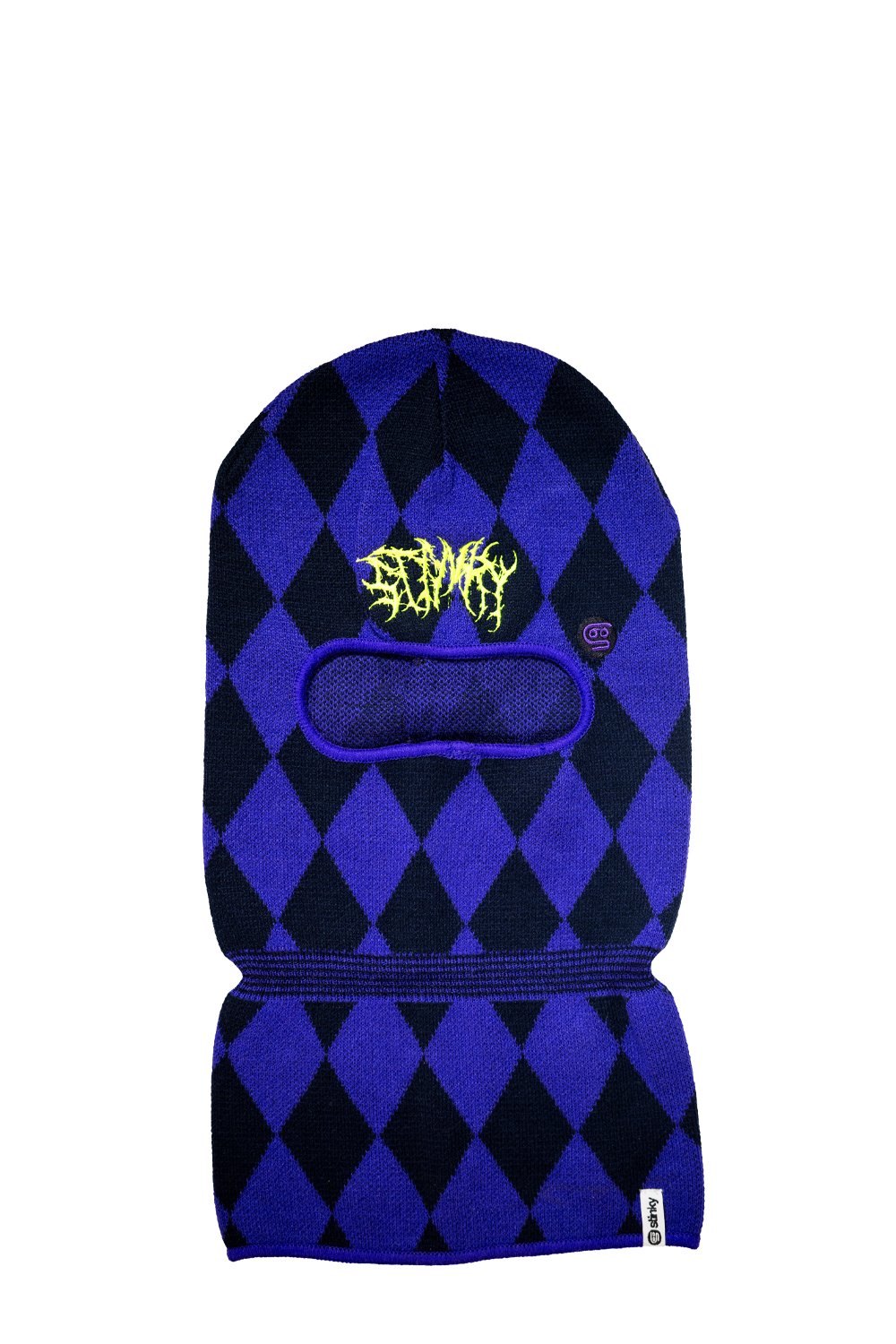 Blue and black checkered balaclava with a brand logo on a white background
