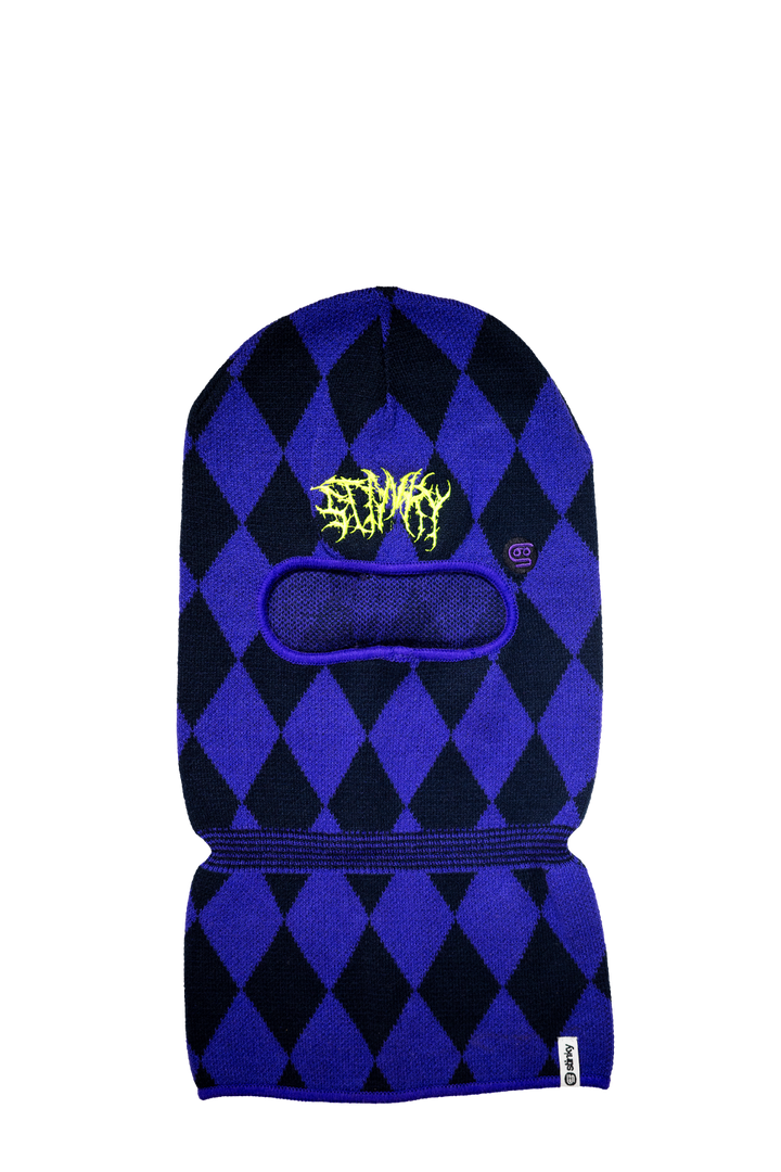 Blue and black checkered balaclava with a brand logo on a white background