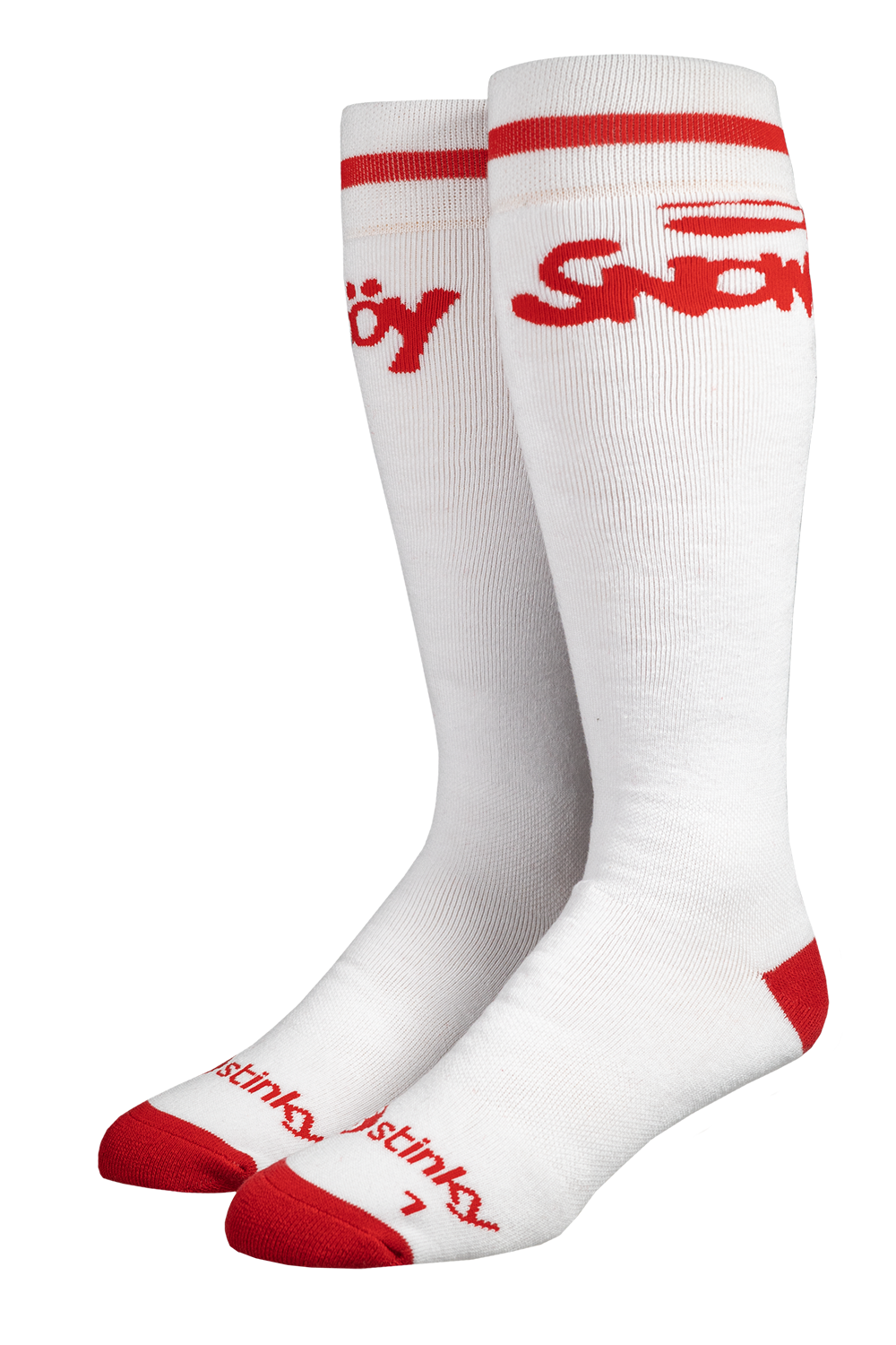 White knee-high socks with red accents and branding on a white background