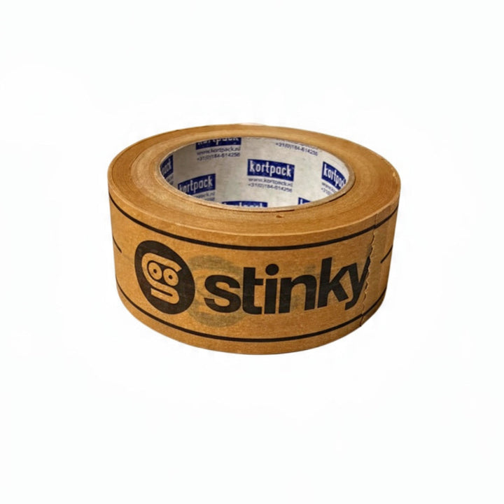 A roll of brown kraft Stinky Socks branded paper tape with black printed branding that reads 'stinky' and a circular 'oo' logo, shown on a plain white background.