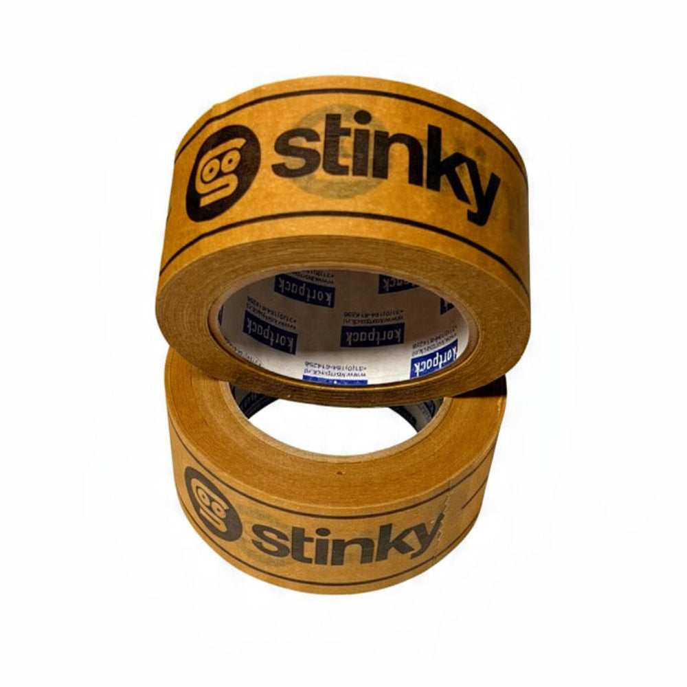 Two rolls of Stinky brand brown tape stacked on a plain white background.