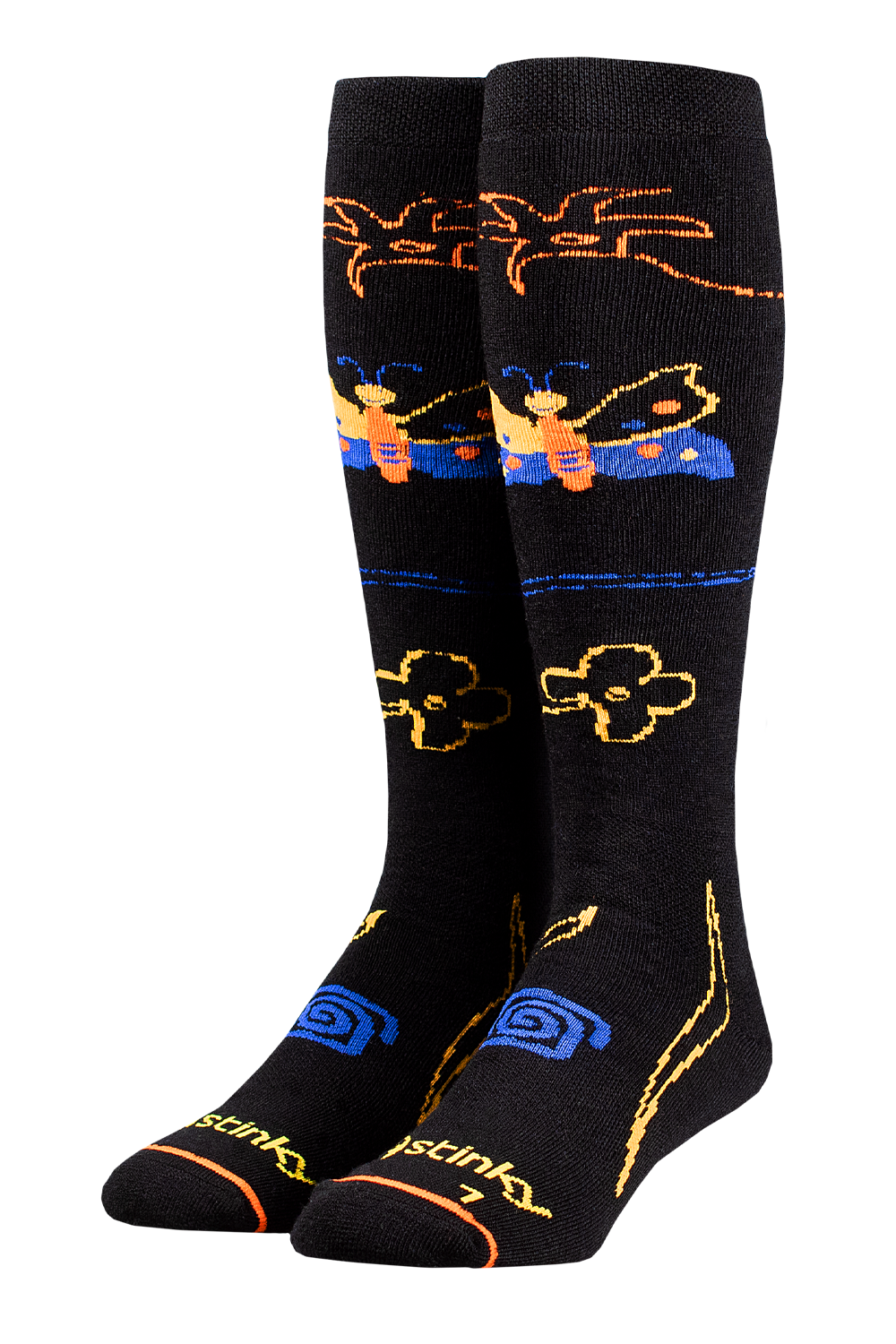Black socks with colorful designs on a white background