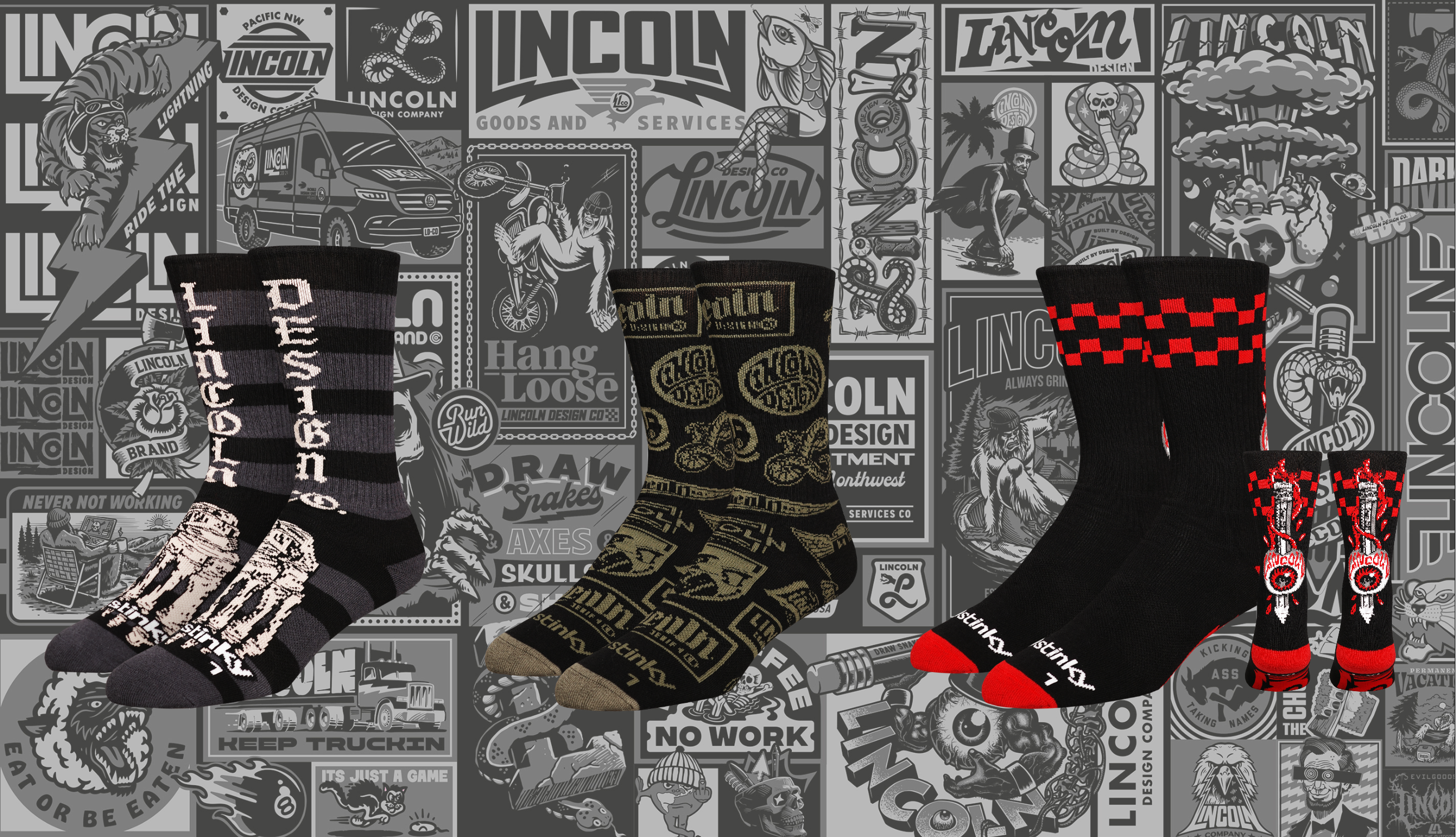Collection of socks with various designs on a patterned background for the Lincoln DesginCo. x Stinky Collaboration socks