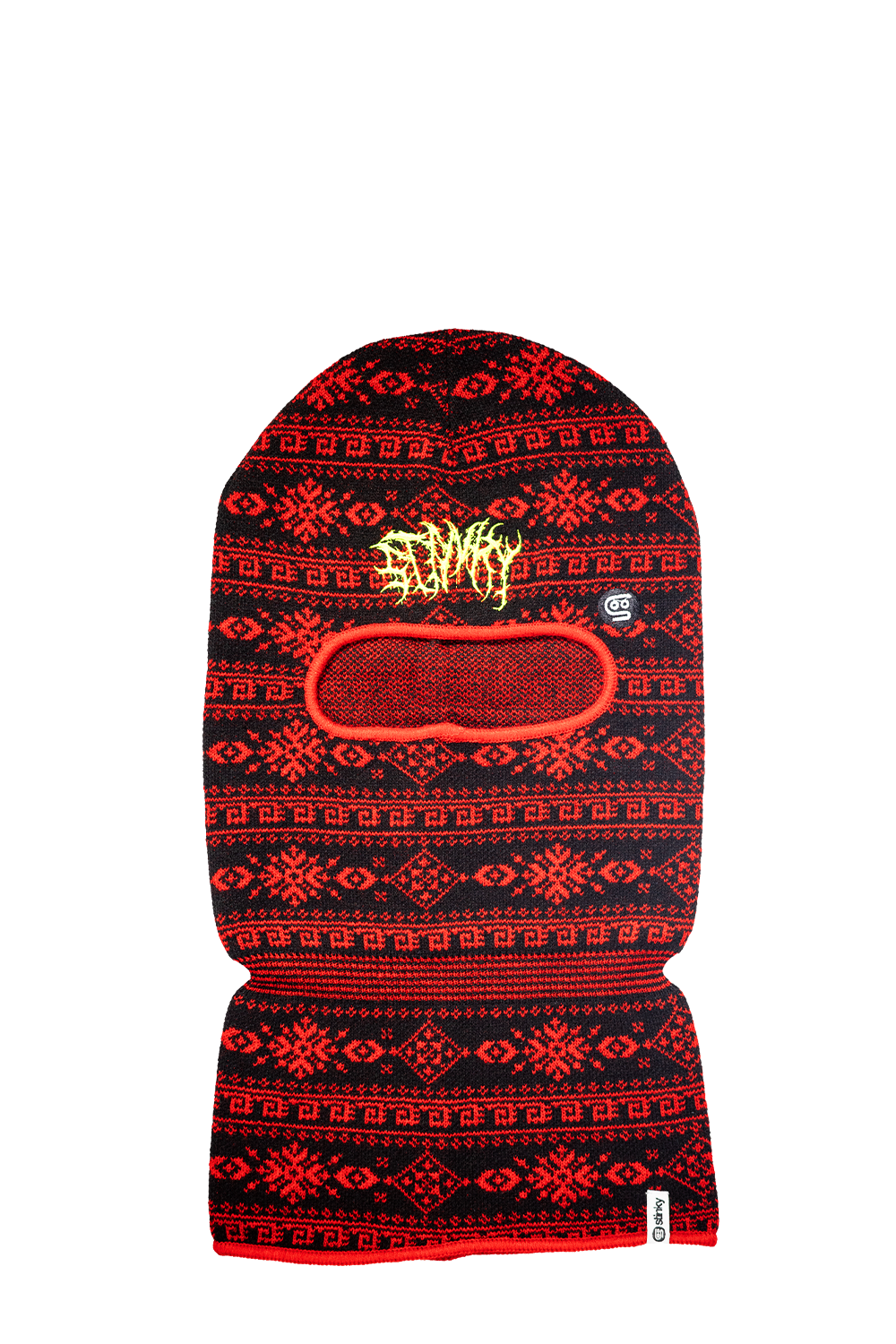 Red and black patterned balaclava with a brand logo on a white background
